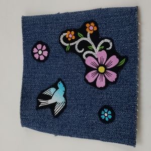 Handmade Square Denim Sew On Patch Dove and Flowers Upcycled 4 x 4